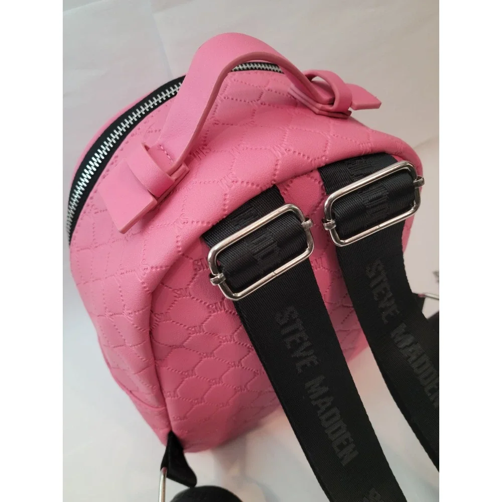 Steve‎ Madden Mini Backpack Women Pink Quilted Monogram Logo Embossed Small Bag